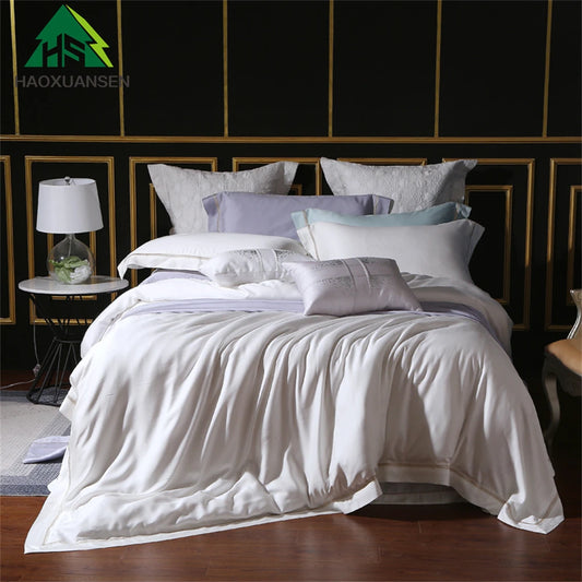 && Super Soft White Lyocell Fabric 4 Pieces Bedding Sets Summer Princess Style Quilt Cover Pillowcase Bed Sheets Embroidered Plaid