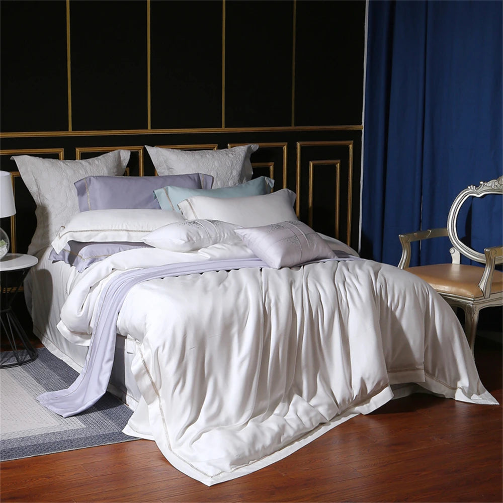 && Super Soft White Lyocell Fabric 4 Pieces Bedding Sets Summer Princess Style Quilt Cover Pillowcase Bed Sheets Embroidered Plaid