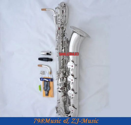 Support Professional Nickel Plated Baritone Saxophone Sax High F# W/Leather Case-Abalone Buttons