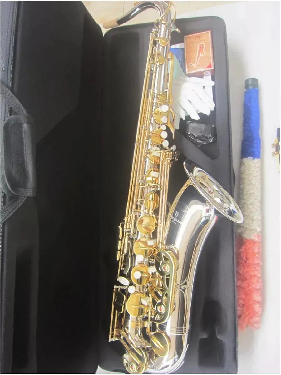 Tenor Saxophone T-992, Bb Tone Nickel Silver Plated Tube Gold Key Sax With Case