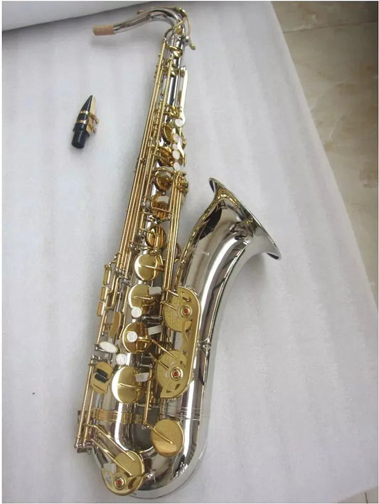 Tenor Saxophone T-992, Bb Tone Nickel Silver Plated Tube Gold Key Sax With Case