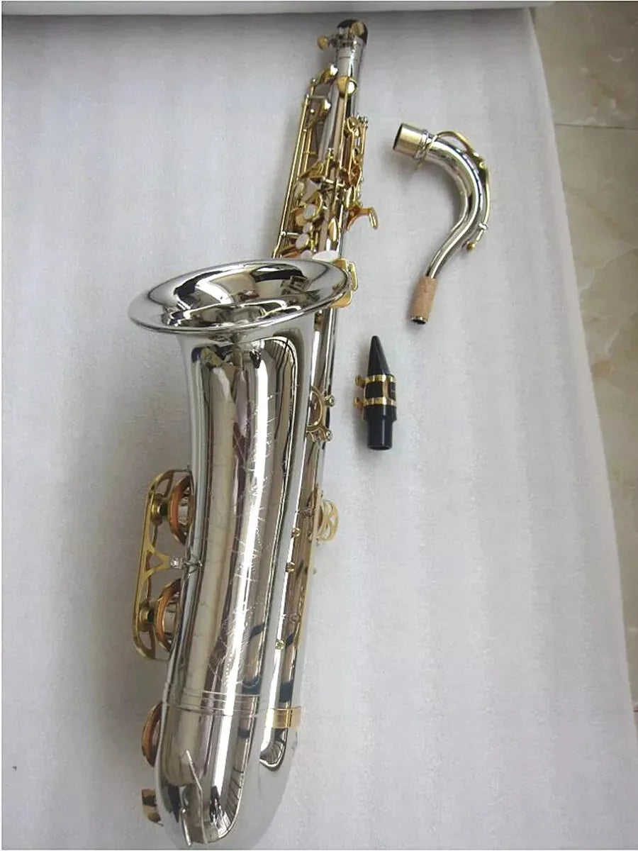 Tenor Saxophone T-992, Bb Tone Nickel Silver Plated Tube Gold Key Sax With Case
