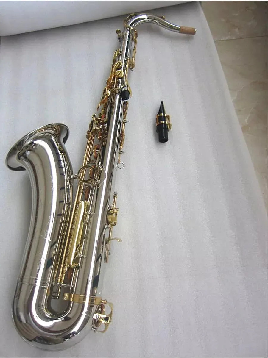 Tenor Saxophone T-992, Bb Tone Nickel Silver Plated Tube Gold Key Sax With Case