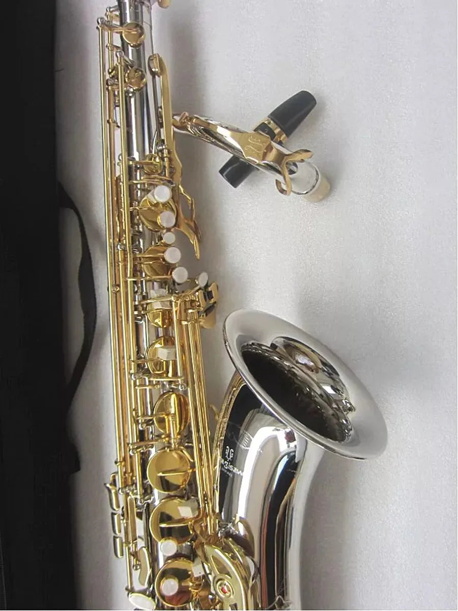 Tenor Saxophone T-992, Bb Tone Nickel Silver Plated Tube Gold Key Sax With Case