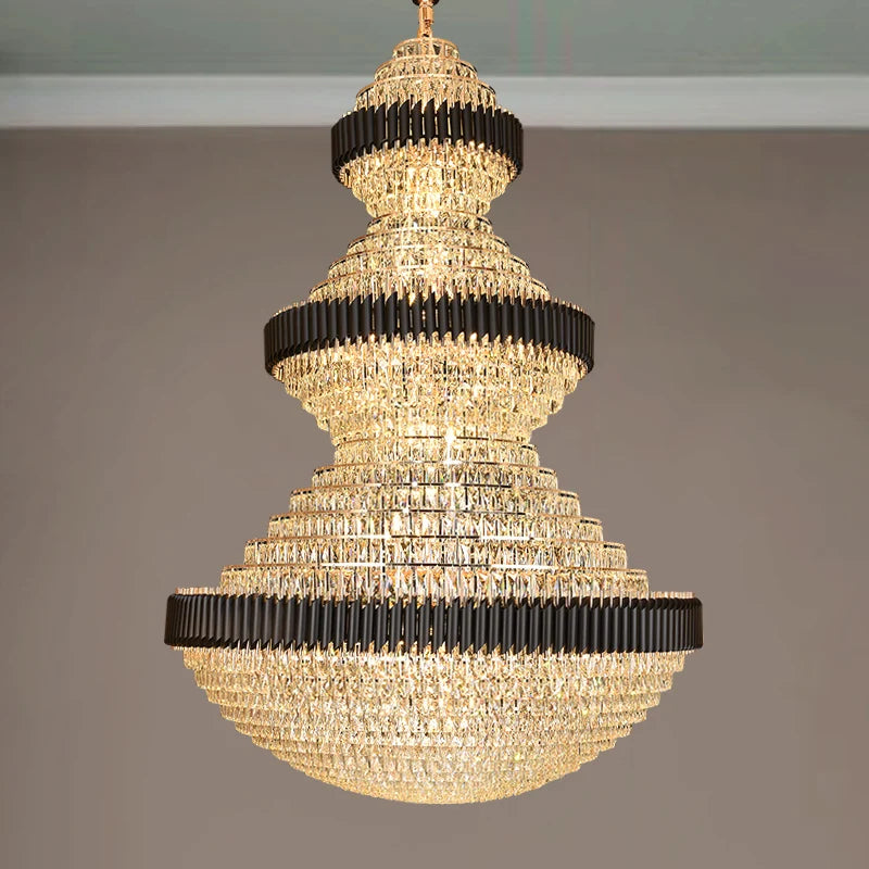 Top Luxury Crystal Staircase Chandelier Lighting Villa Lobby Hotel Large Decoration Hanging Lamps Black Stainless Steel Lustre