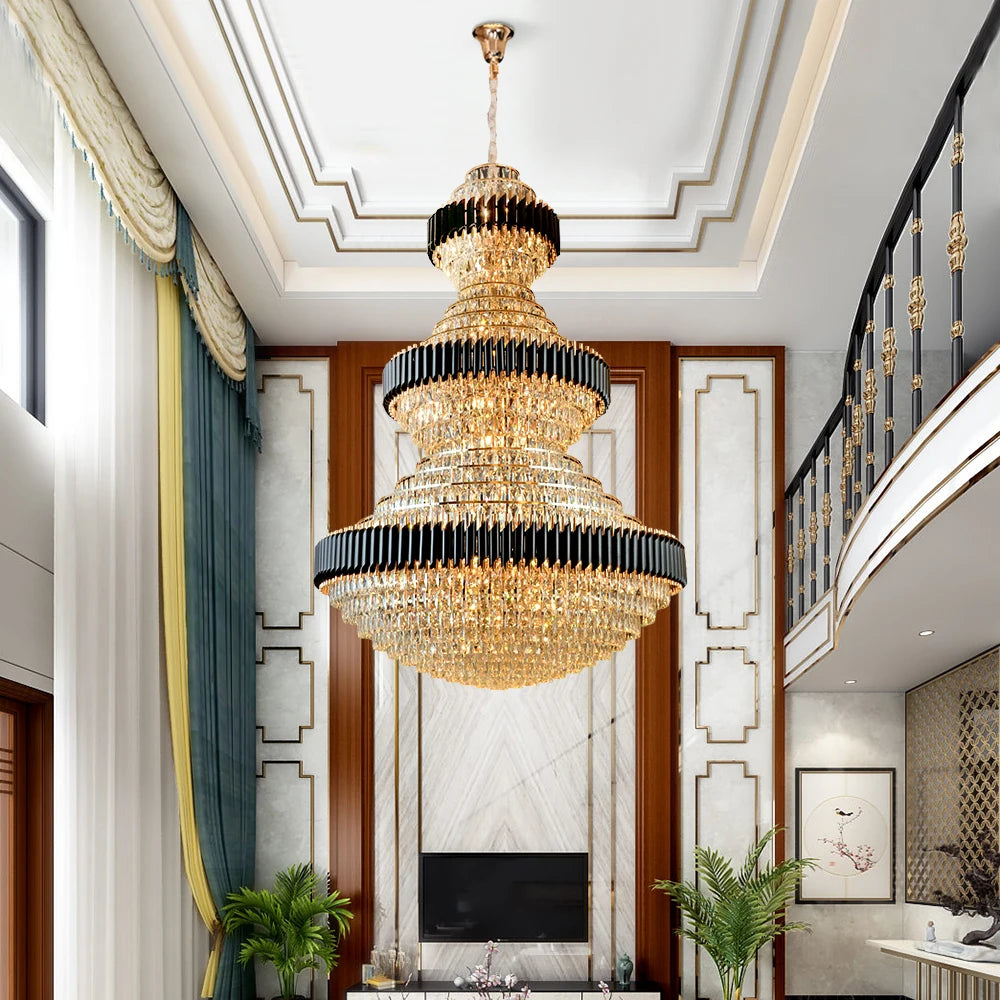 Top Luxury Crystal Staircase Chandelier Lighting Villa Lobby Hotel Large Decoration Hanging Lamps Black Stainless Steel Lustre