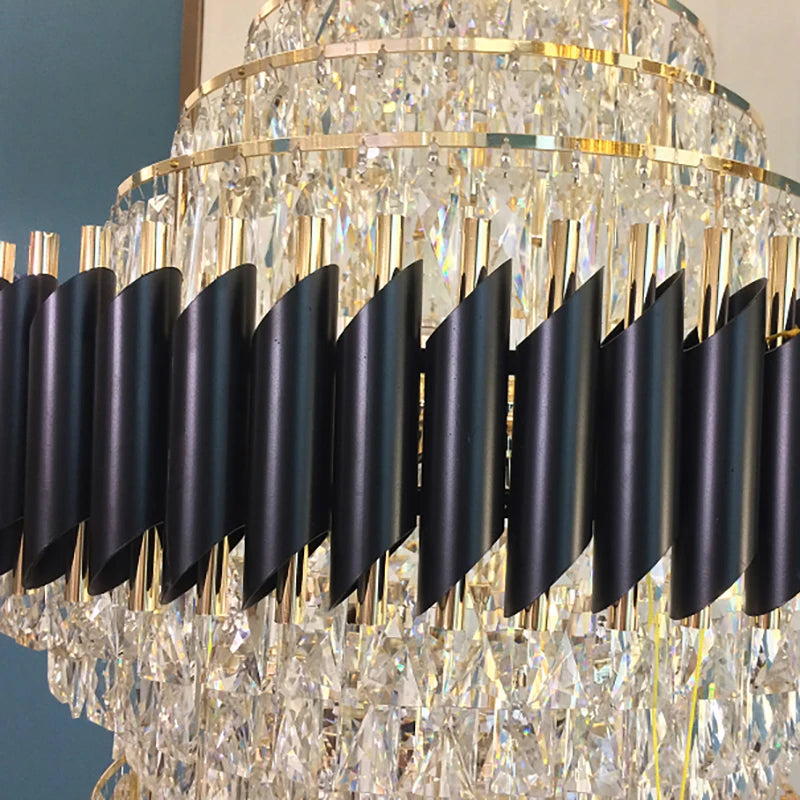 Top Luxury Crystal Staircase Chandelier Lighting Villa Lobby Hotel Large Decoration Hanging Lamps Black Stainless Steel Lustre