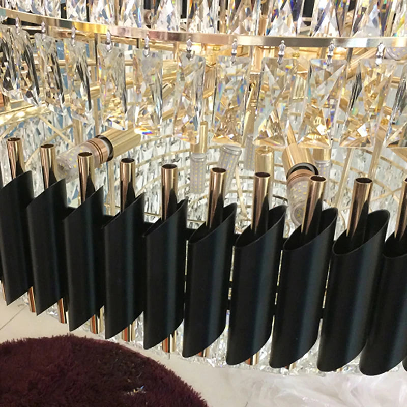 Top Luxury Crystal Staircase Chandelier Lighting Villa Lobby Hotel Large Decoration Hanging Lamps Black Stainless Steel Lustre