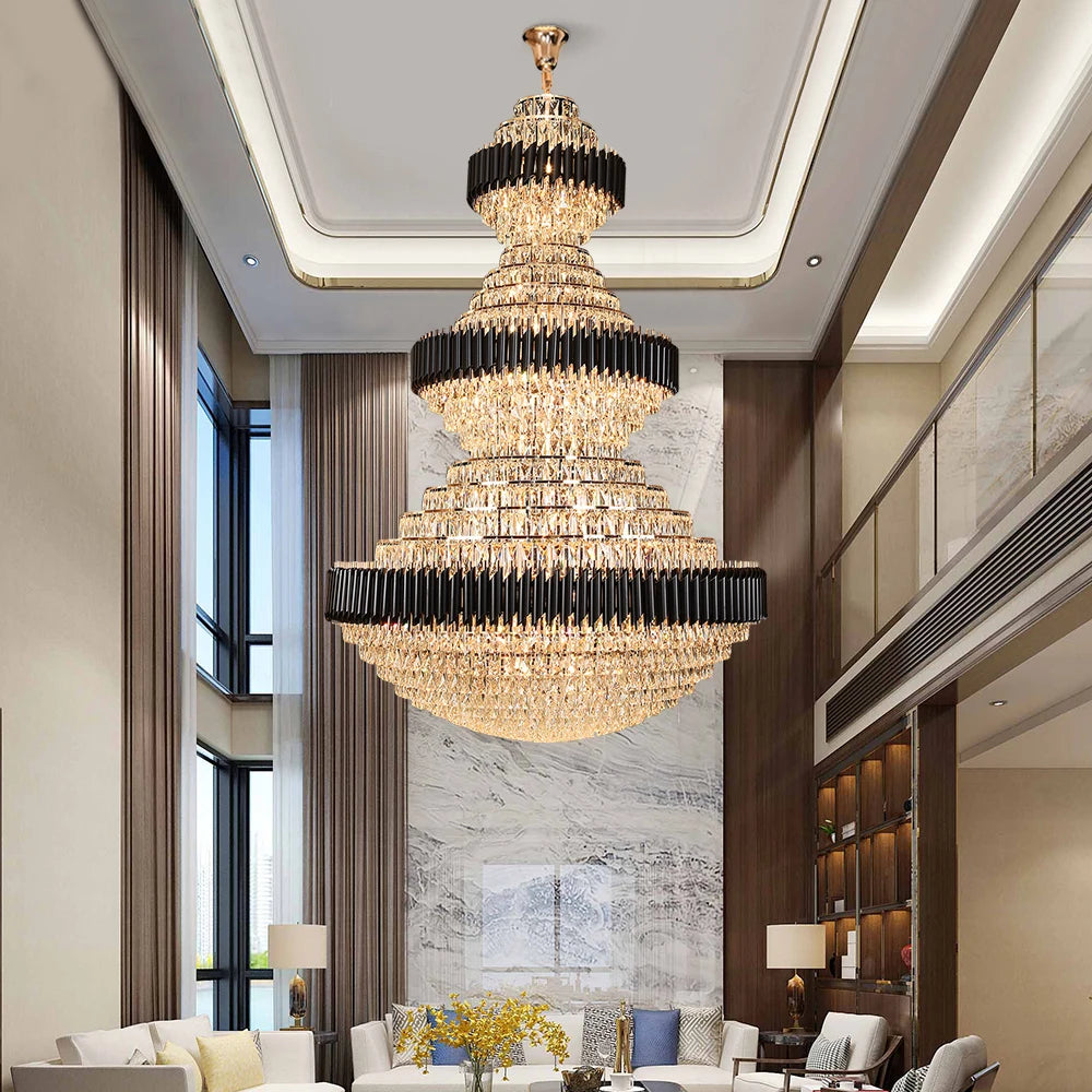 Top Luxury Crystal Staircase Chandelier Lighting Villa Lobby Hotel Large Decoration Hanging Lamps Black Stainless Steel Lustre