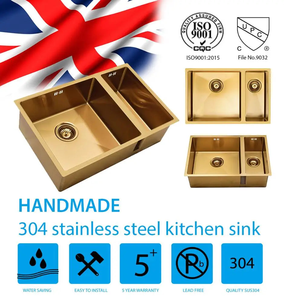 UK Hot Sale Design 304 Stainless Steel gold Household Handmade kitchen toilet sink size 67*44*20cm