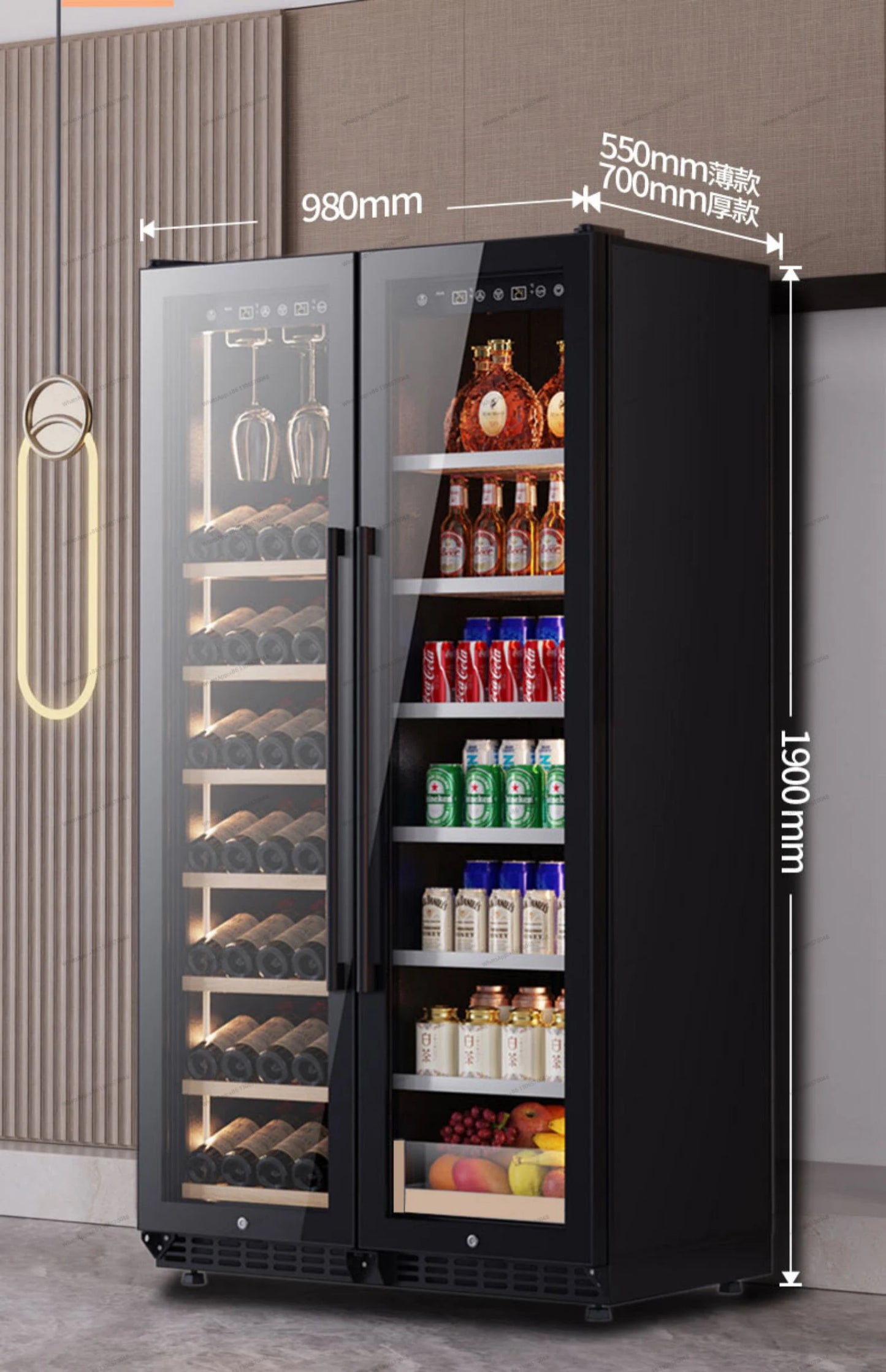 Ultra thin double door red wine cabinet, constant temperature wine cabinet, embedded ice bar, home living room, tea beverage ref