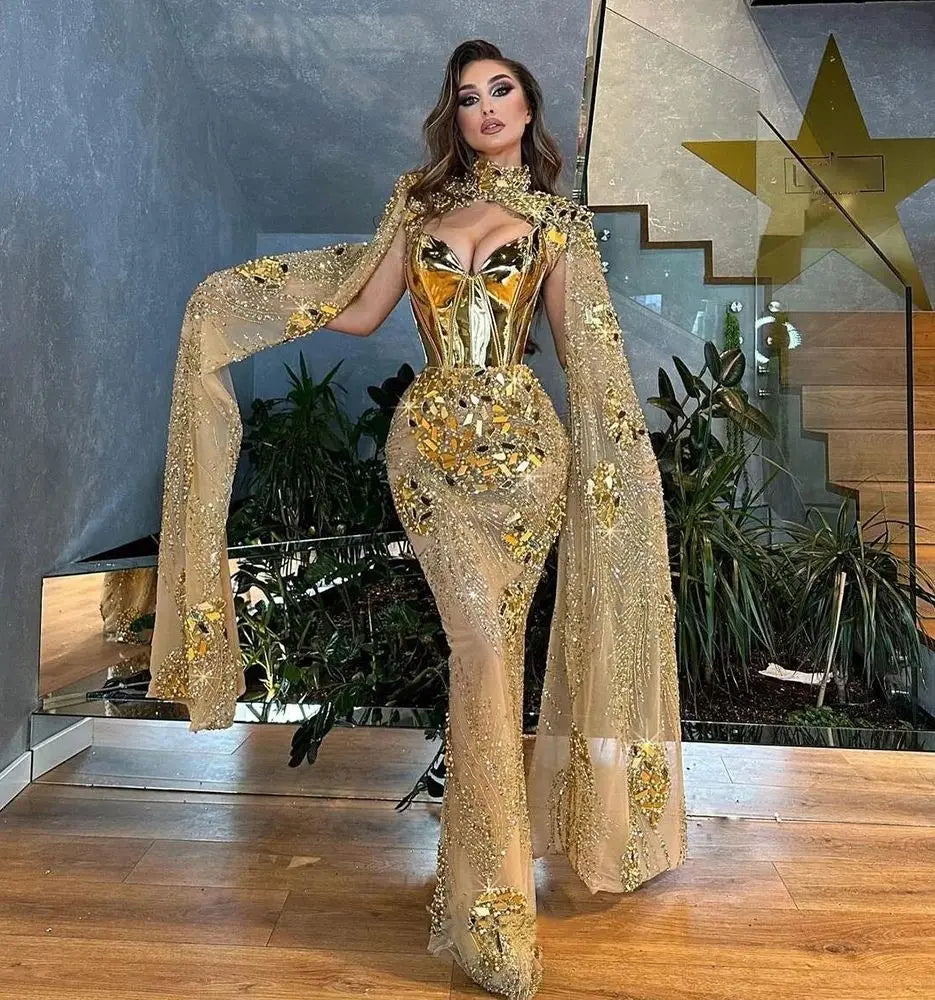 Unique Luxury Gold Mermaid Evening Dresses Cape Sleeves Shiny Sequins Beading Custom Made Banquet Gown De Soirée