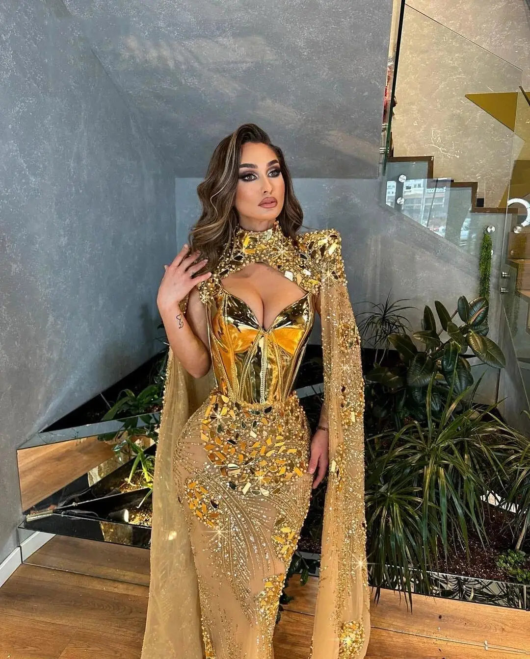 Unique Luxury Gold Mermaid Evening Dresses Cape Sleeves Shiny Sequins Beading Custom Made Banquet Gown De Soirée