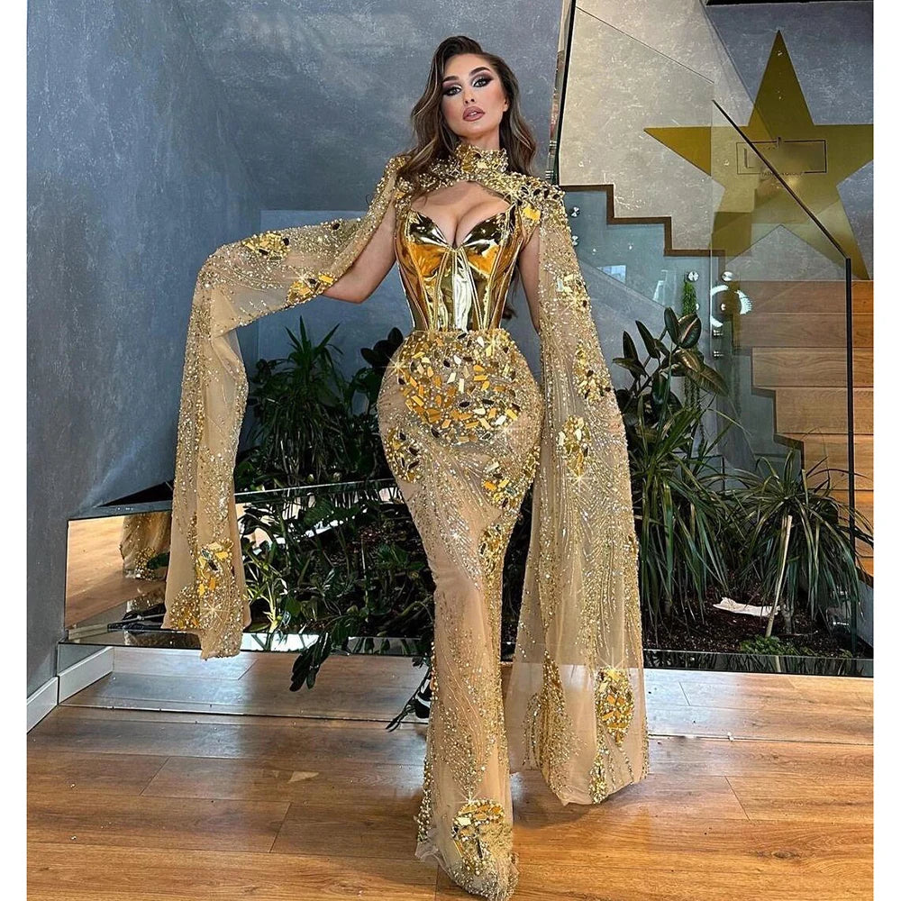 Unique Luxury Gold Mermaid Evening Dresses Cape Sleeves Shiny Sequins Beading Custom Made Banquet Gown De Soirée