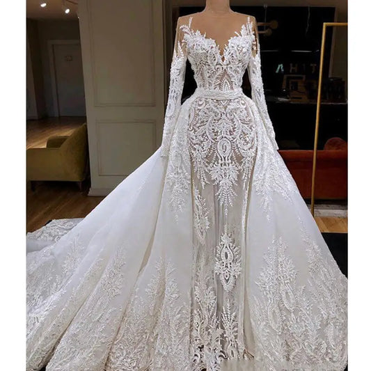 Vestido De Noiva 2020 Long Sleeve Mermaid Wedding Dress With Detachable Train Luxury Dubai Sheath Lace Appliqued Bridal Gown