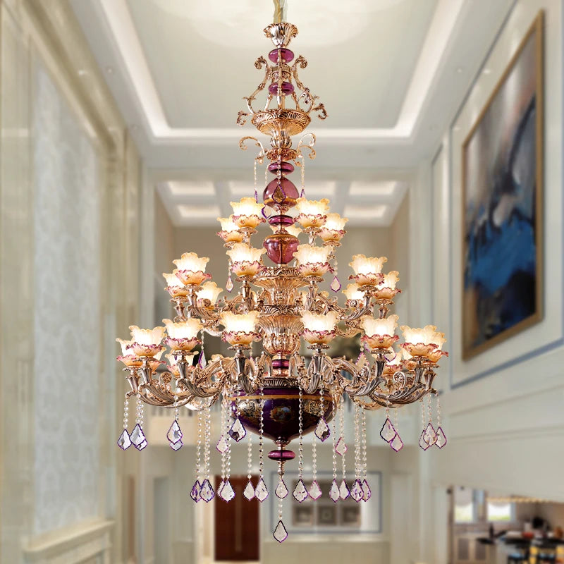 Villa French chandeliers duplex living room lamps European ceramic hall crystal lamp stairs three-story Ceiling Chandelier