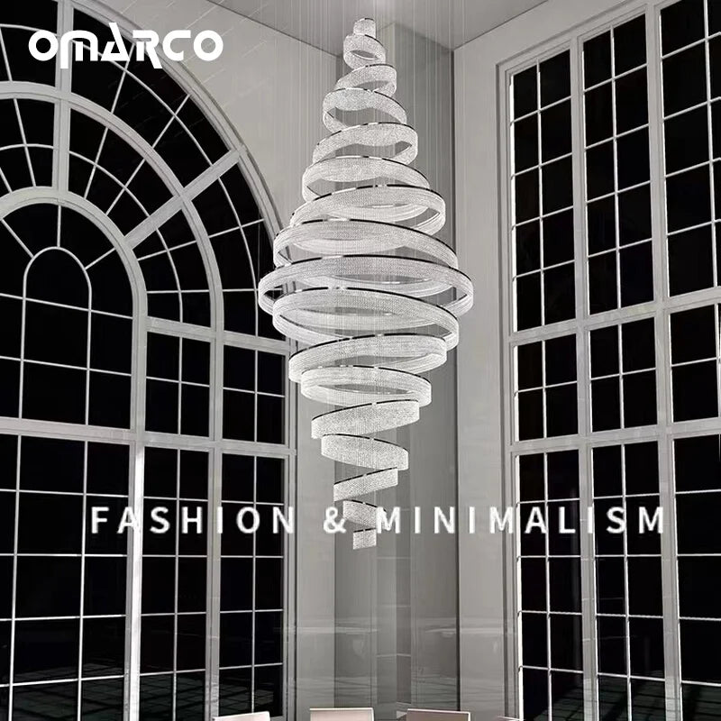 Villa duplex building crystal living room large chandelier modern minimalist circular staircase light luxury restaurant lamp