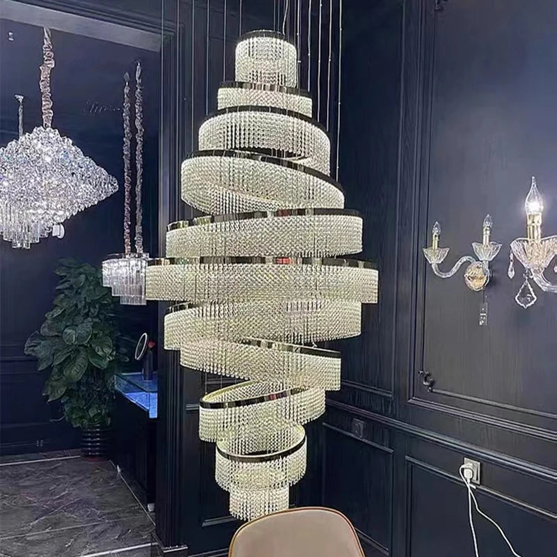 Villa duplex building crystal living room large chandelier modern minimalist circular staircase light luxury restaurant lamp