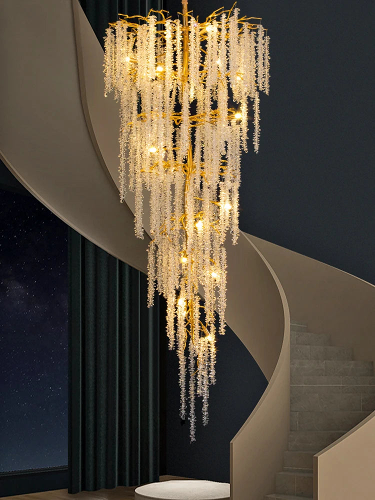 Villa duplex building, large chandelier, stairwell, long chandelier, designer, luxury sales department, hotel lobby, crystal lam