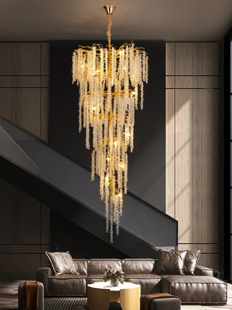 Villa duplex building, large chandelier, stairwell, long chandelier, designer, luxury sales department, hotel lobby, crystal lam