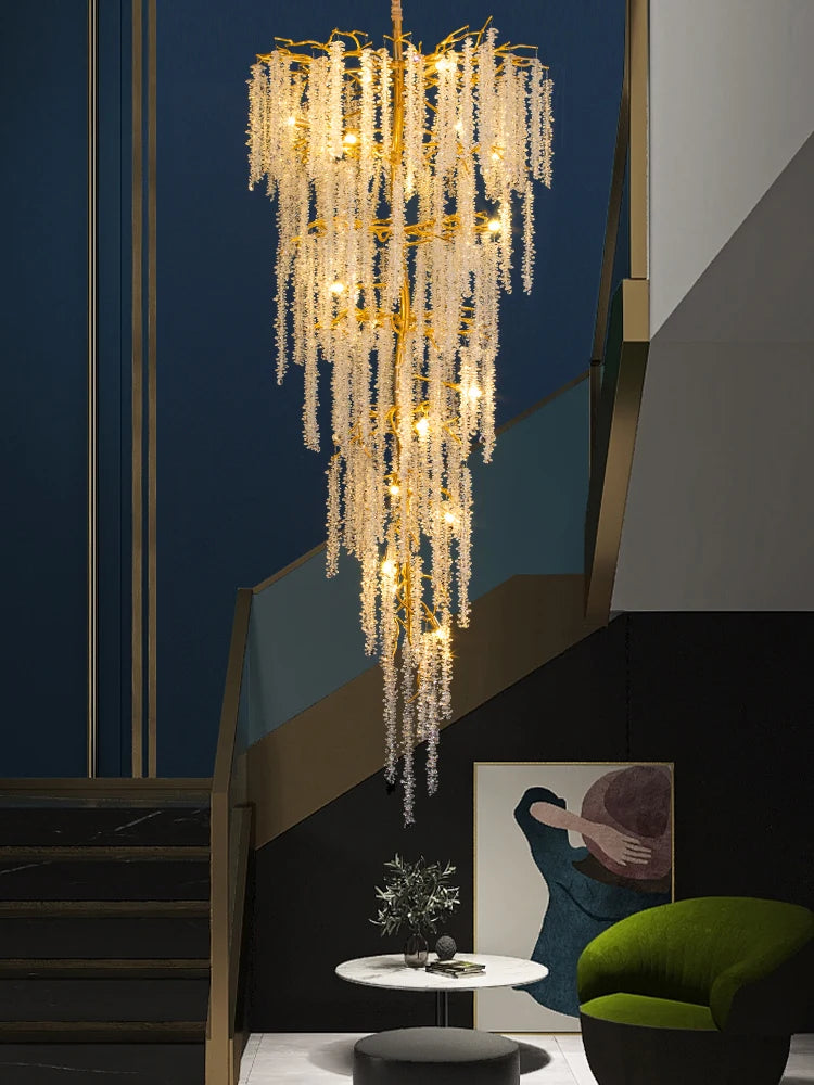 Villa duplex building, large chandelier, stairwell, long chandelier, designer, luxury sales department, hotel lobby, crystal lam