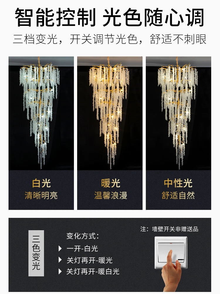 Villa duplex building, large chandelier, stairwell, long chandelier, designer, luxury sales department, hotel lobby, crystal lam