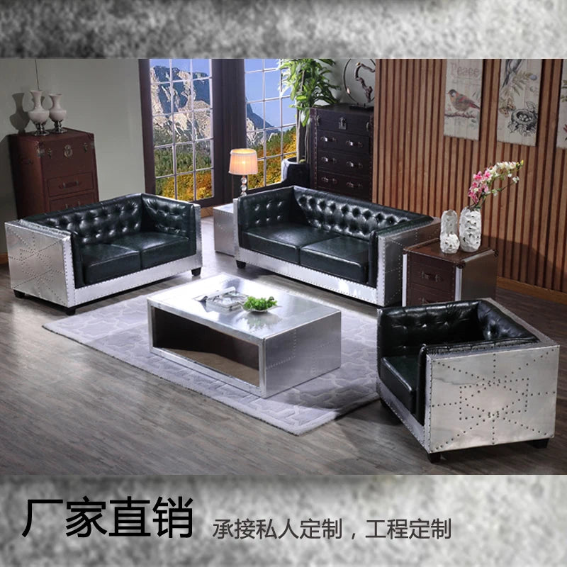 Vintage old industrial style bar sofa European and American style l aluminum leather sofa