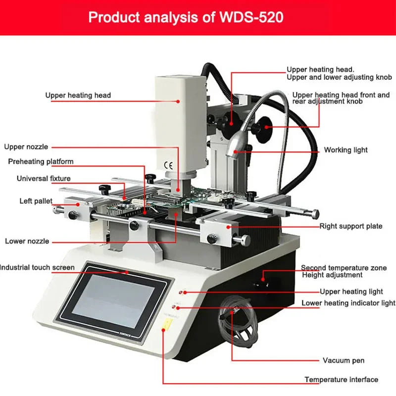 WDS-520 BGA Rework Station SMT Hot Air Infrared Soldering Repair Tools 3 Temperature Area Touch Screen IC Chip Welding Equipment