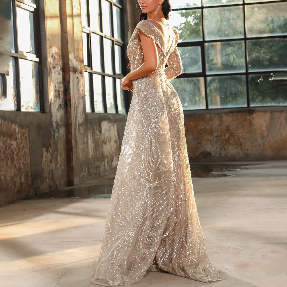 Women Handmade Beaded Luxury Mermaid Sexy Elegant Blue One Shoulder Long Cape Sleeve Wedding Evening Dresses Gowns Party Wear