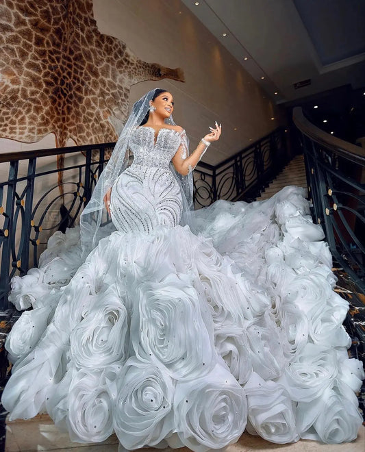 Women Luxury Beaded Bridal Mermaid Wedding Dress Floral Ruffles Sparkly Illusion Bride Wedding Gown Court Train Vestidos Novia