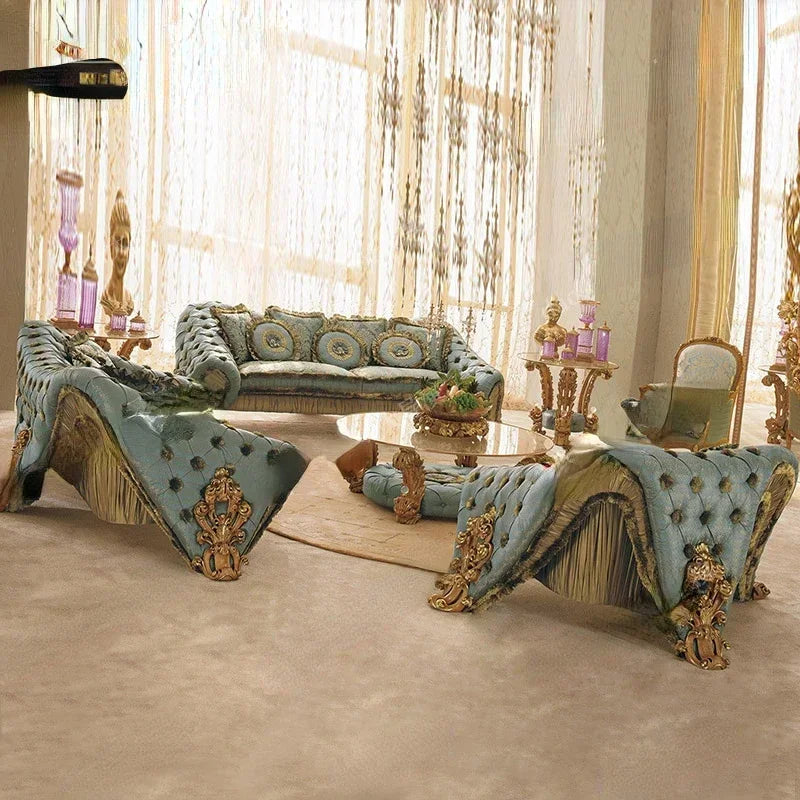 Wood Carved Sofa Court Luxury Fabric Craft Sofa Combination Villa Living Room Furniture