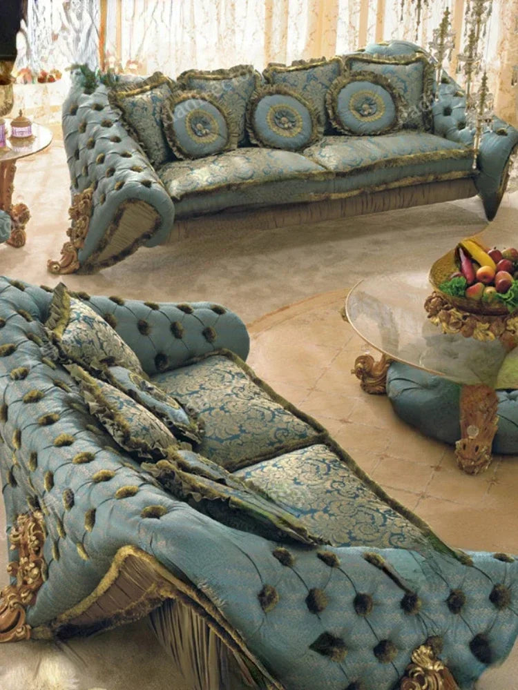 Wood Carved Sofa Court Luxury Fabric Craft Sofa Combination Villa Living Room Furniture