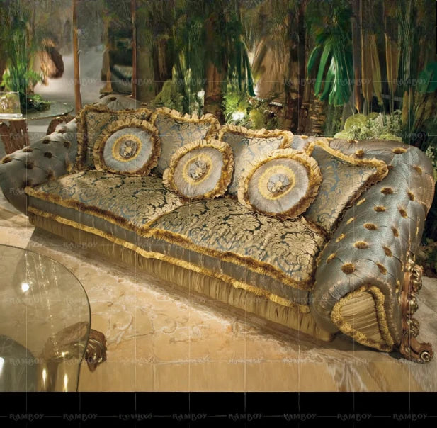Wood Carved Sofa Court Luxury Fabric Craft Sofa Combination Villa Living Room Furniture