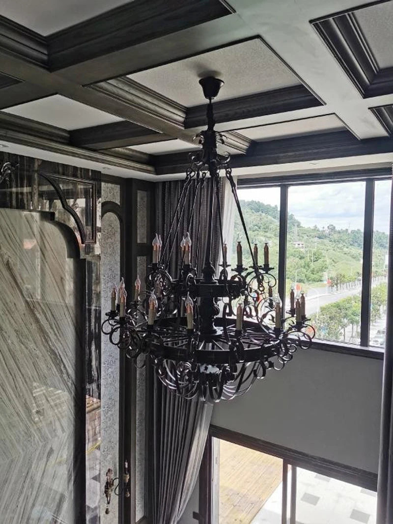 Wrought Iron Large Chandeliers Sturdy Auditorium Villa Staircase Household Lamp Ceiling Chandelier Lighting Loft Retro Candle