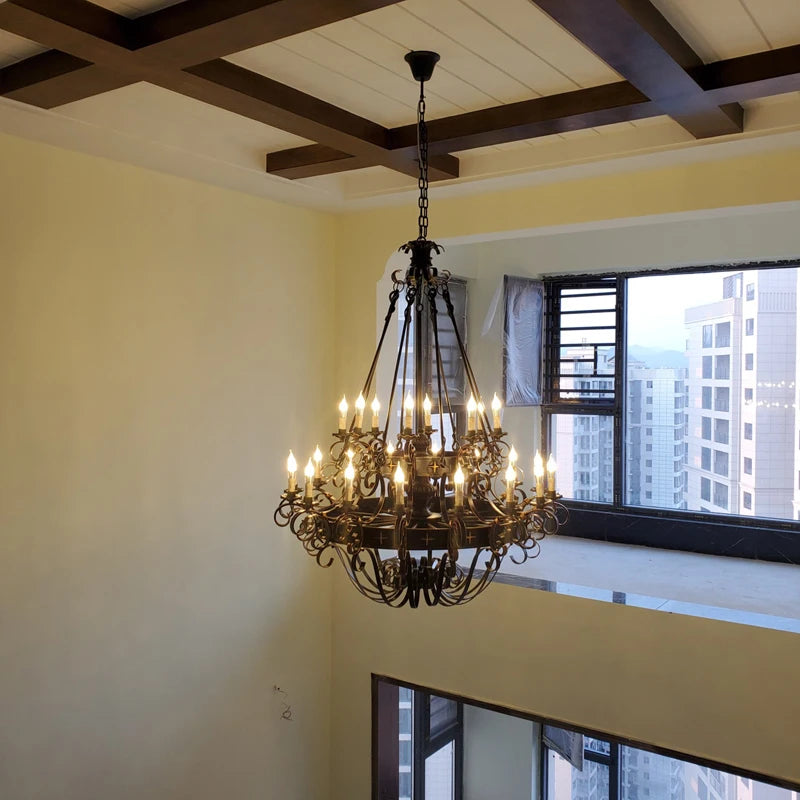 Wrought Iron Large Chandeliers Sturdy Auditorium Villa Staircase Household Lamp Ceiling Chandelier Lighting Loft Retro Candle