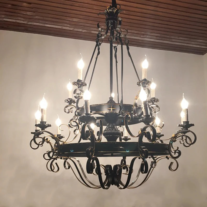 Wrought Iron Large Chandeliers Sturdy Auditorium Villa Staircase Household Lamp Ceiling Chandelier Lighting Loft Retro Candle