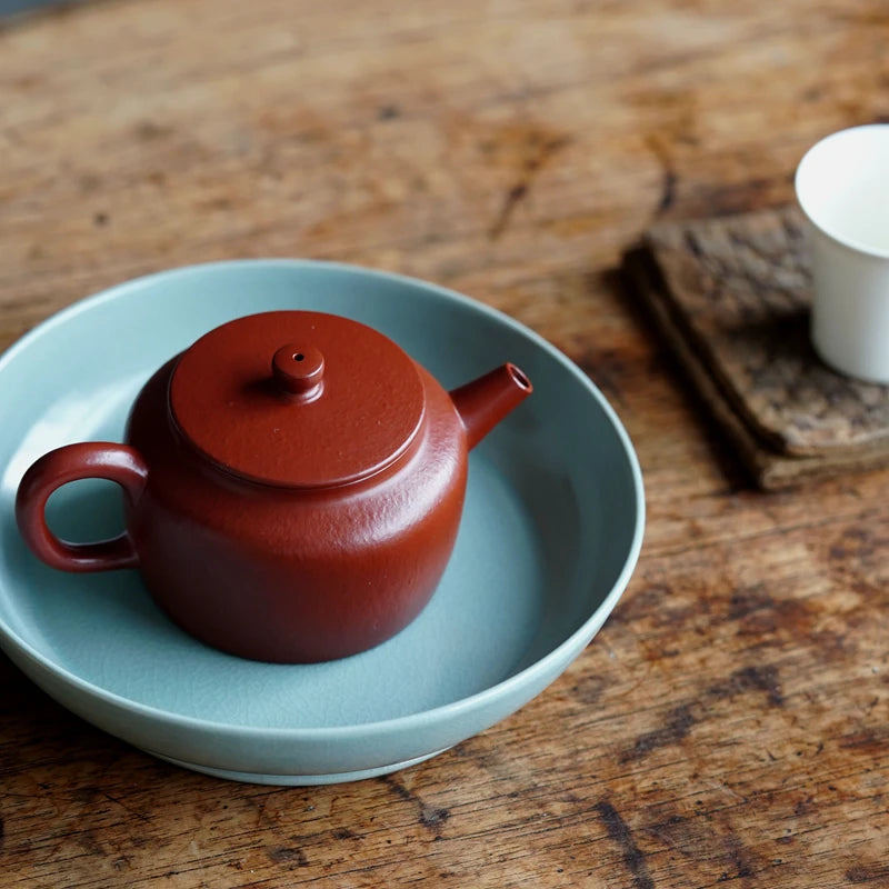 Wu Chengsang Flat Kettle Yixing Handmade Famous Purple Clay Pot Cinnabar Sand Sketch Pot Raw Ore Dahongpao Tea Pear Skin Cinnaba