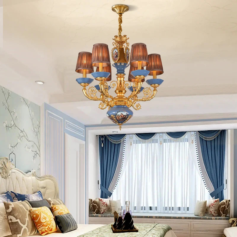 XUANZHAO French Classic Luxury Full Copper Chandelier Villa Lobby Bedroom Warm Romantic Ceramic Lamps And Lanterns