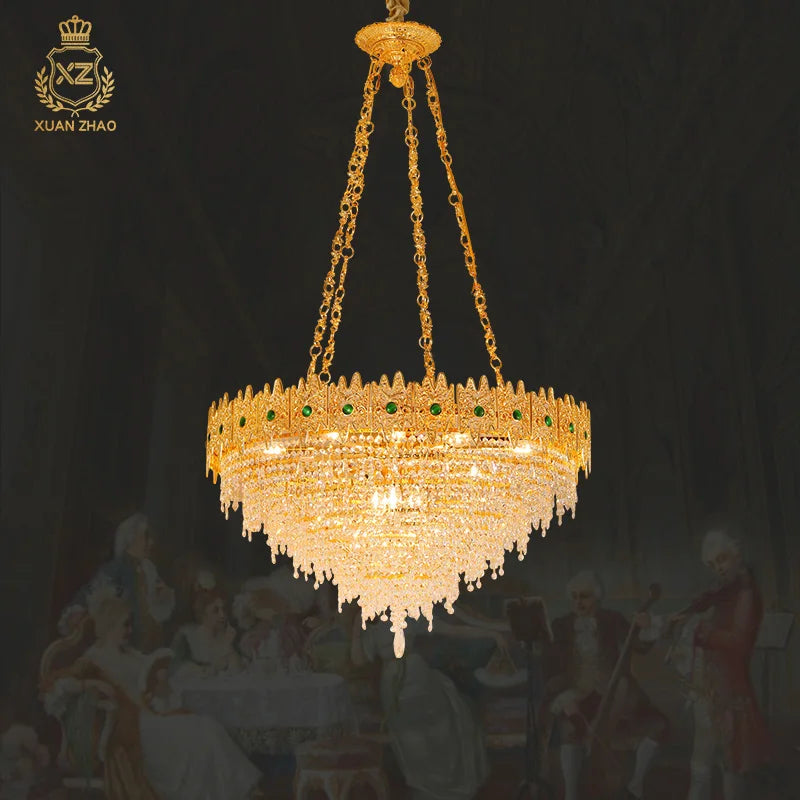XUANZHAO French Retro Full Copper Crystal Lamp Golden European Luxury Villa Living Dining Room Bedroom Staircase Chandelier