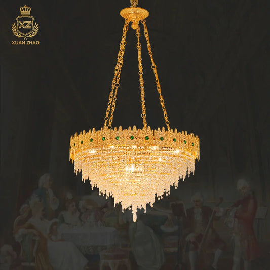 XUANZHAO French Retro Full Copper Crystal Lamp Golden European Luxury Villa Living Dining Room Bedroom Staircase Chandelier