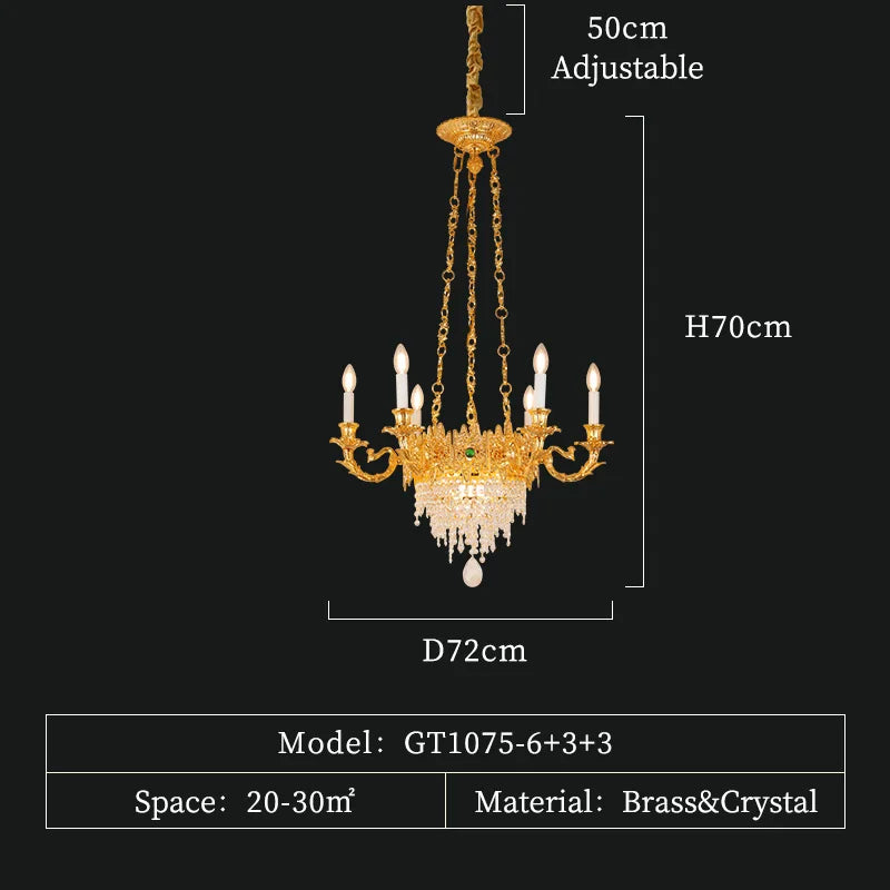 XUANZHAO French Retro Full Copper Crystal Lamp Golden European Luxury Villa Living Dining Room Bedroom Staircase Chandelier
