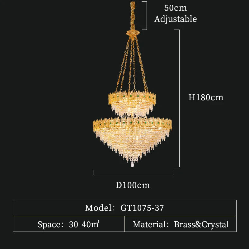 XUANZHAO French Retro Full Copper Crystal Lamp Golden European Luxury Villa Living Dining Room Bedroom Staircase Chandelier