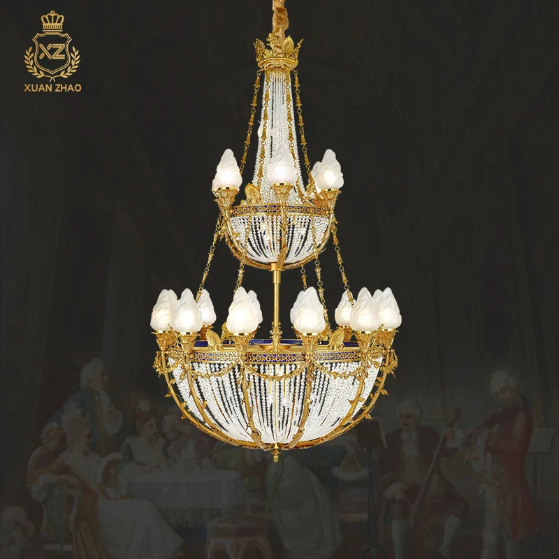 XUANZHAO Rococo Luxury Brass Gold Hanging Lamp Large Long Size Villa Hotel Stairwell Chandelier European Style Crystal Lamp