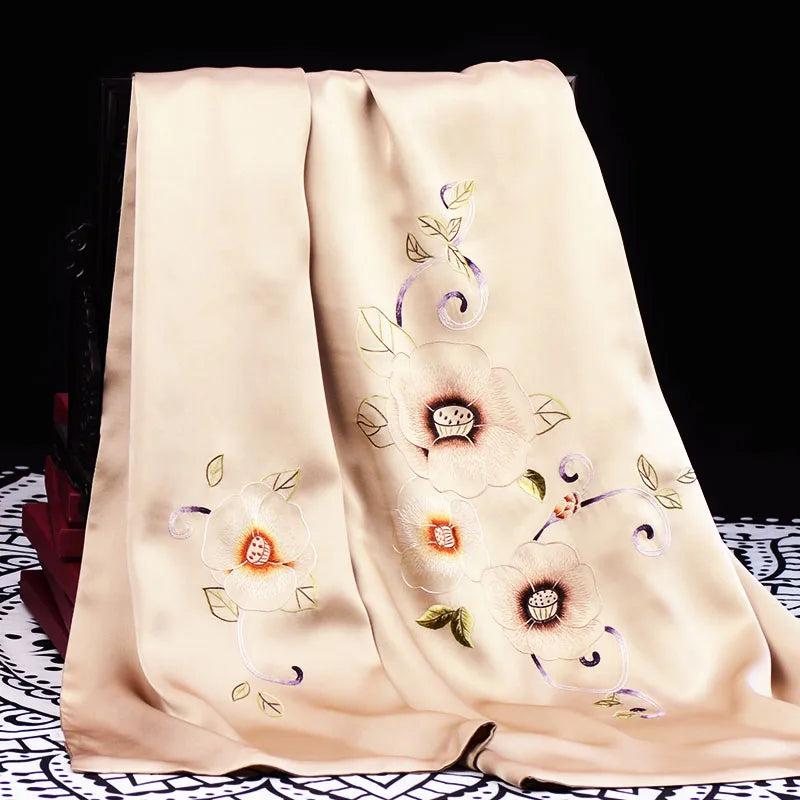 Xiuzhuang self sells 2023 new handmade embroidered silk scarf shawl "Suya Mountain Tea" Chinese style scarf