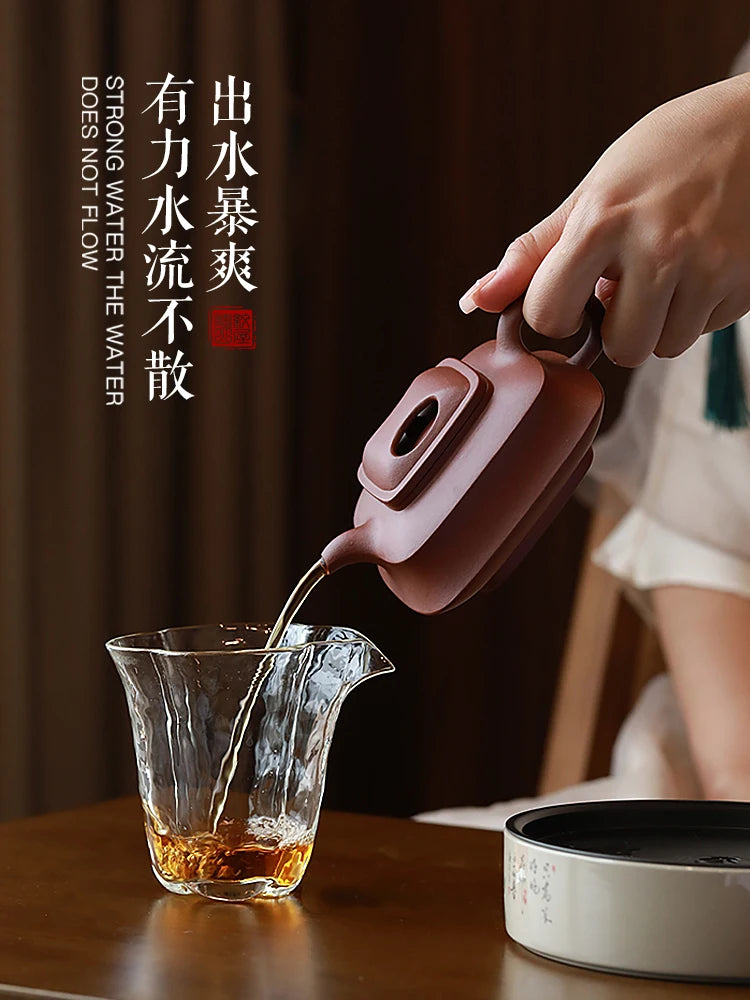 Yixing Clay Famous Master Wan Jufen Handmade Original Mine Purple Mud Bottom Trough Clear Kung Fu Tea Four Square Cow Cap Pot