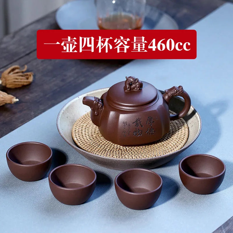 Yixing Clay Pure Handmade Original Mine Purple Mud Tenglong Four Square Pot Tea Set For Home Use