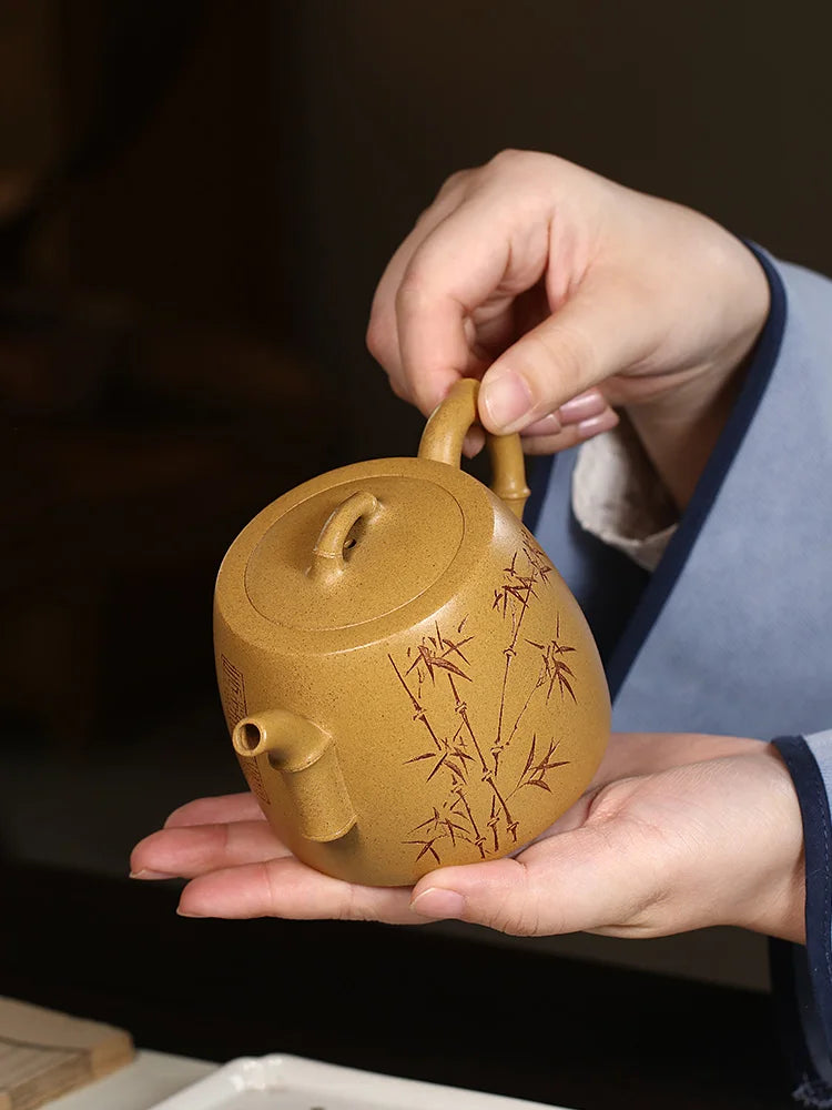 Yixing Purple Clay Pot Pure Handcarved Bamboo Section Tea Original Mine Gold Yellow Mud High Grade