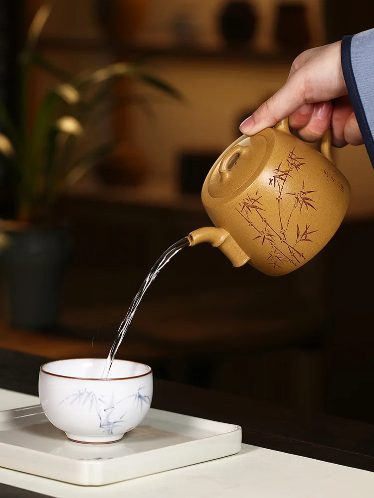 Yixing Purple Clay Pot Pure Handcarved Bamboo Section Tea Original Mine Gold Yellow Mud High Grade