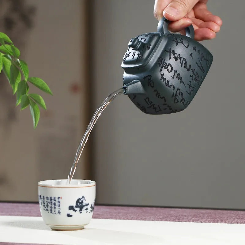 Zanghutianxia Yixing Purple Clay Pot Handmade Calligraphy Full Carved Square Pot Teapot Raw Ore Dark Green Clay Chinese Style Ho