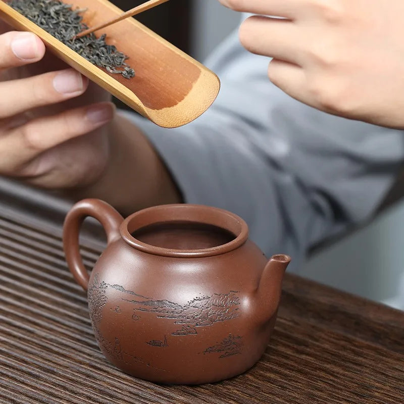 Zanghutianxia Yixing Purple Sand Pot Handmade Carved High-Grade Purple Sand Teaware Single Pot Raw Ore Purple Clay Handmade Teap
